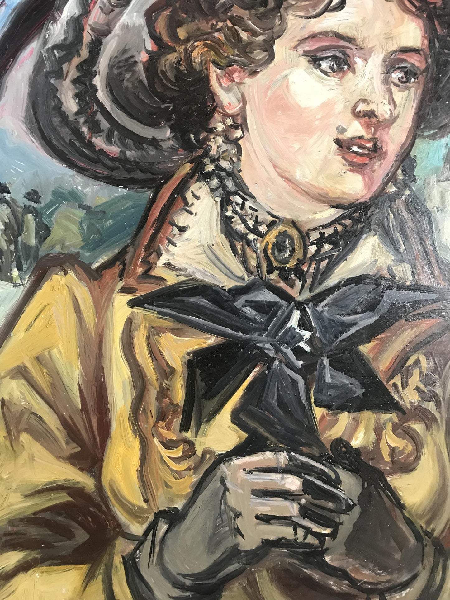 Oil painting of woman in yellow dress by Alexander Arkadievich Litvinov