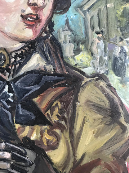 Oil painting of woman in ornate coat by Alexander Arkadievich Litvinov