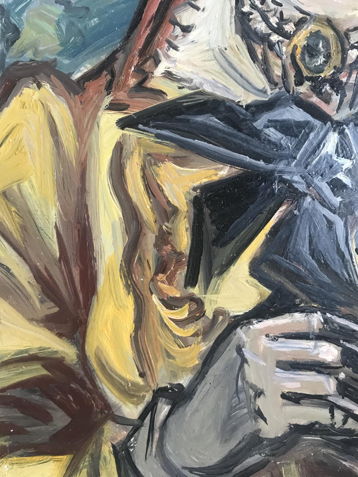 Oil painting of female portrait by Alexander Arkadievich Litvinov in yellow, black, gray, blue
