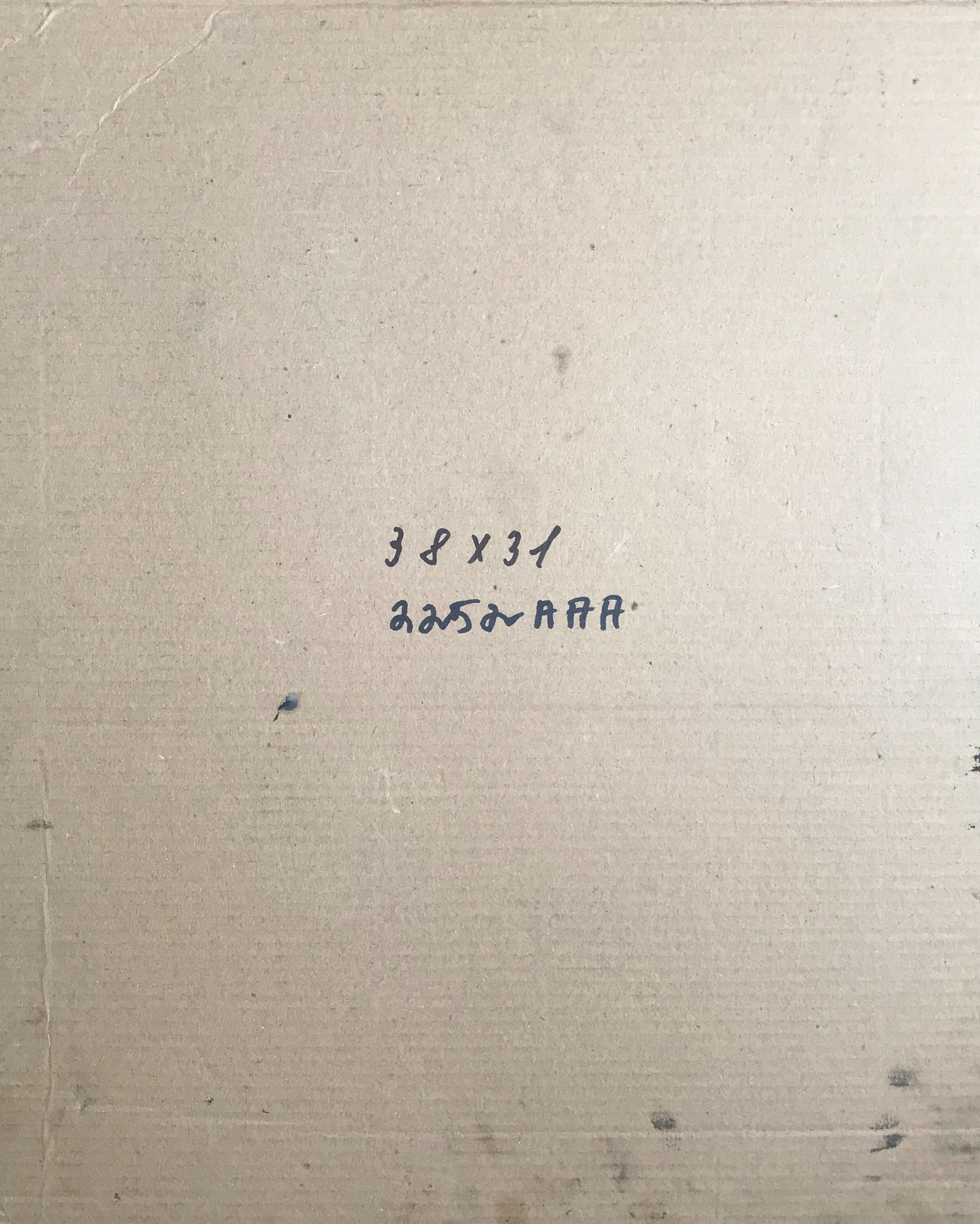 Back of beige box with handwritten blue ink measurements for Litvinov female portrait