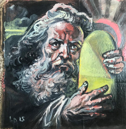 Oil painting portrait of Moses Alexander Litvinov holding glowing green stone