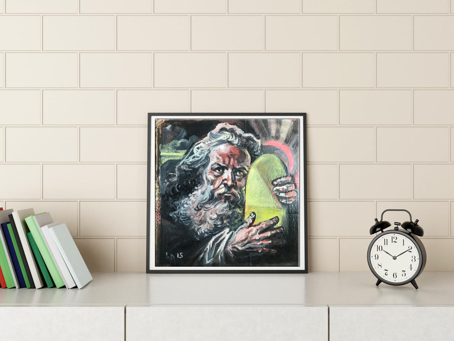 Oil painting portrait of Moses Alexander Litvinov, bearded man holding egg in black frame