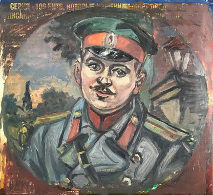Oil painting of soldier by Alexander Litvinov, green orange hat, gray coat