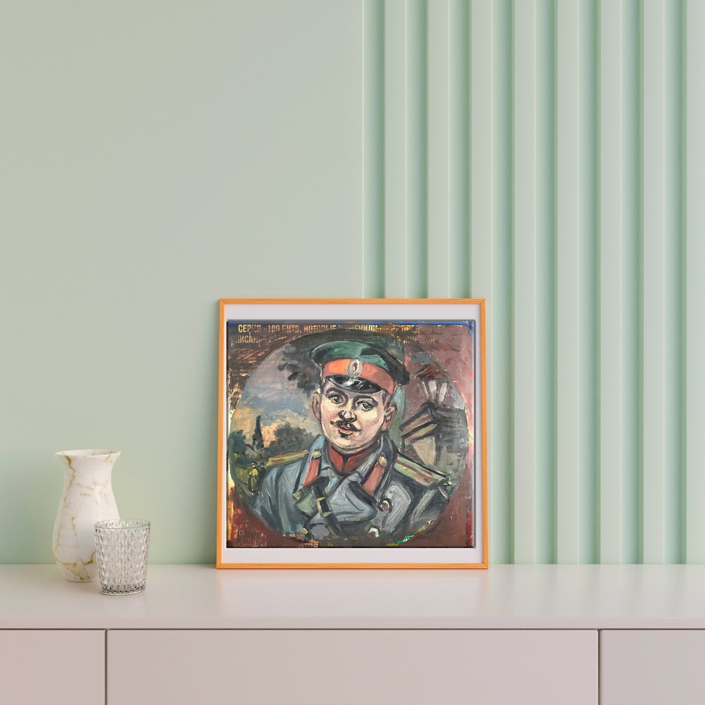 Oil painting of Soldiers emotions by Alexander Litvinov in orange frame