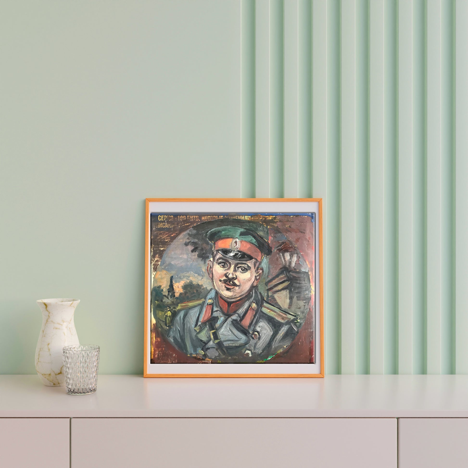 Oil painting of Soldiers emotions by Alexander Litvinov in orange frame