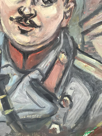 Oil painting of soldier by Alexander Litvinov, gray uniform with red collar