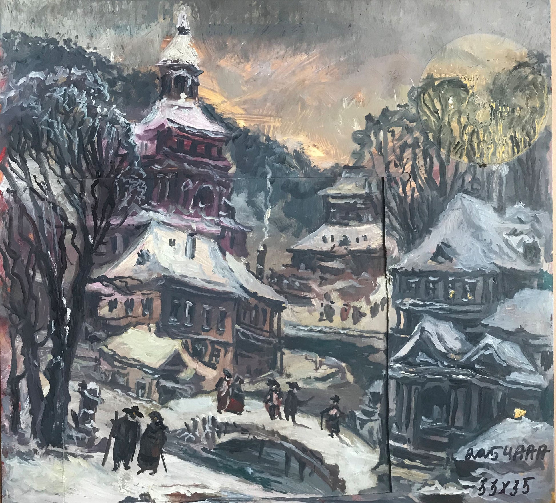 Snow-covered wooden buildings and tower by Alexander Litvinov oil painting