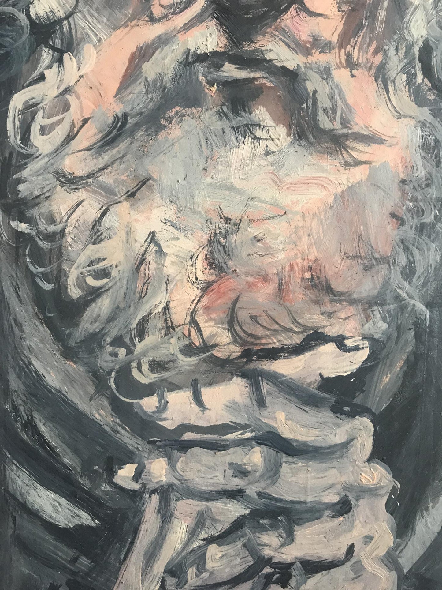 Oil painting portrait of old man Alexander Litvinov in abstract grays, black, pink swirls