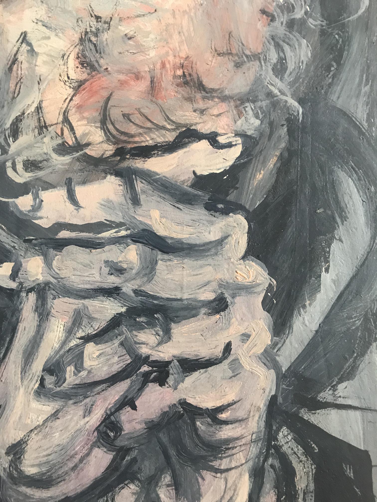 Oil painting portrait of old man Alexander Litvinov in abstract gray black pink