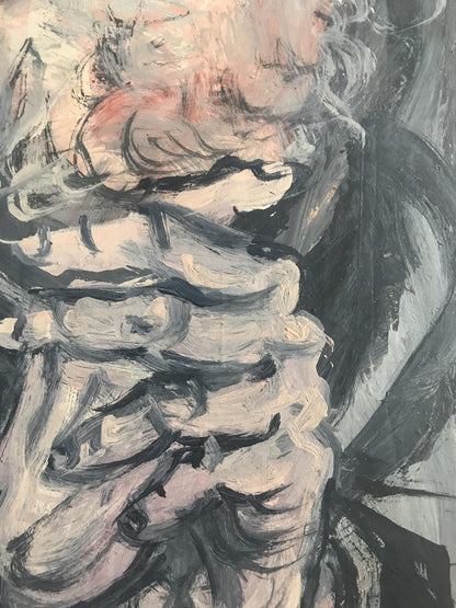 Oil painting portrait of old man Alexander Litvinov in abstract gray black pink