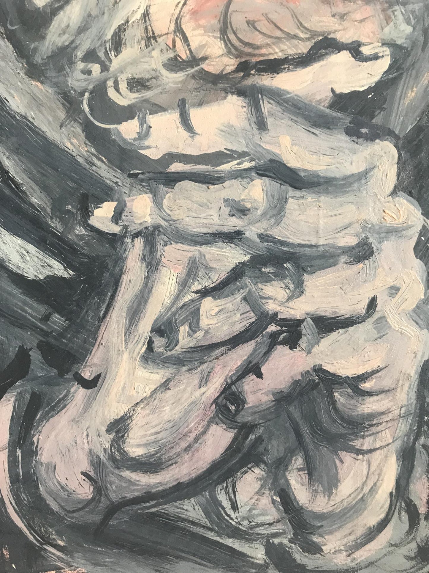 Oil painting portrait of old man Alexander Litvinov in abstract gray black pink swirls