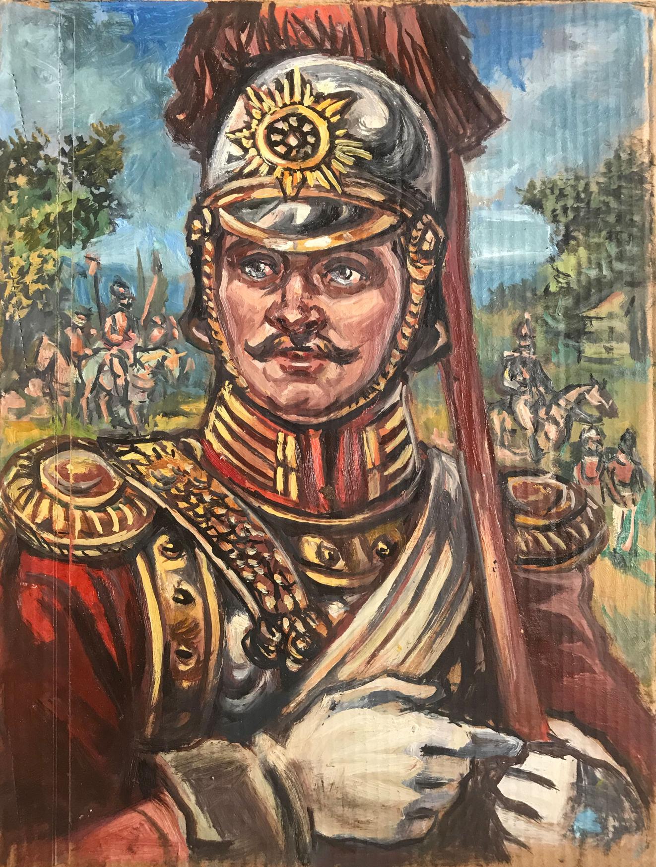 Oil painting portrait of legionnaire Alexander Arkadievich Litvinov in ornate red uniform