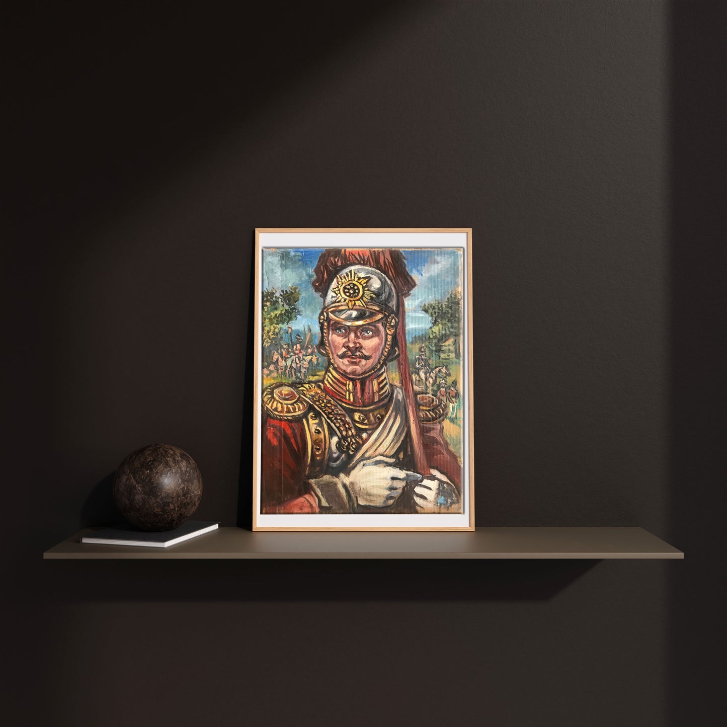 Framed oil painting portrait of Legionnaire Alexander Arkadievich Litvinov in ornate red and gold uniform with detailed helmet on dark wall