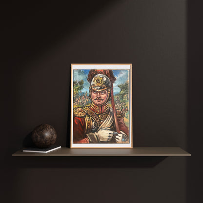 Framed oil painting portrait of Legionnaire Alexander Arkadievich Litvinov in ornate red and gold uniform with detailed helmet on dark wall