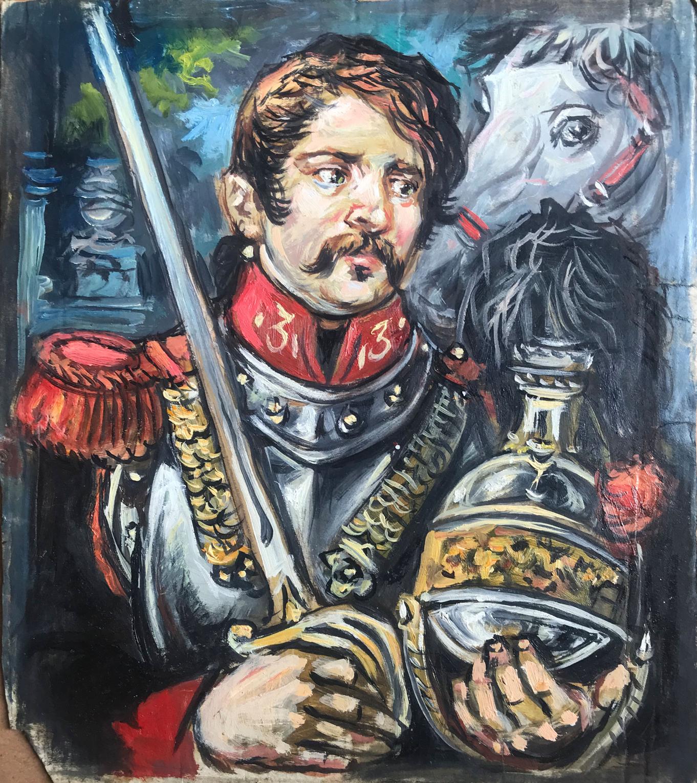 Oil painting of soldier with white horse by Alexander Litvinov