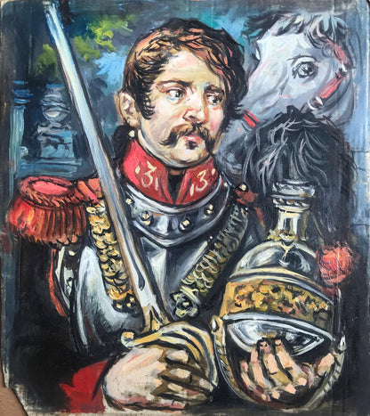 Oil painting of soldier with white horse by Alexander Litvinov