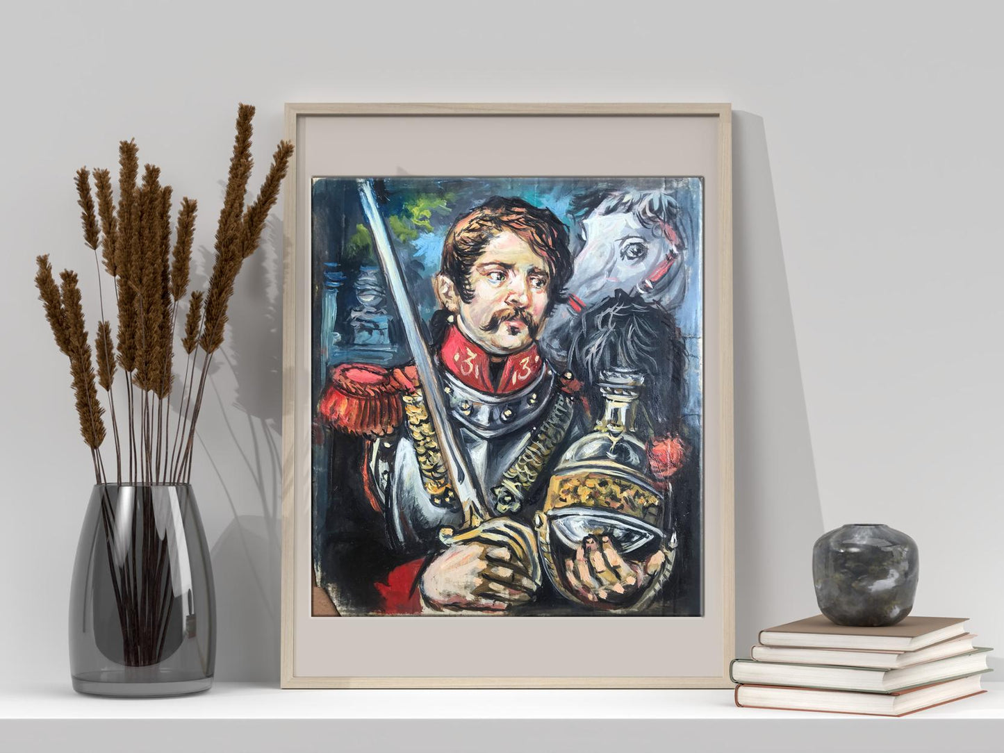 Framed oil painting of soldier with white horse by Alexander Litvinov