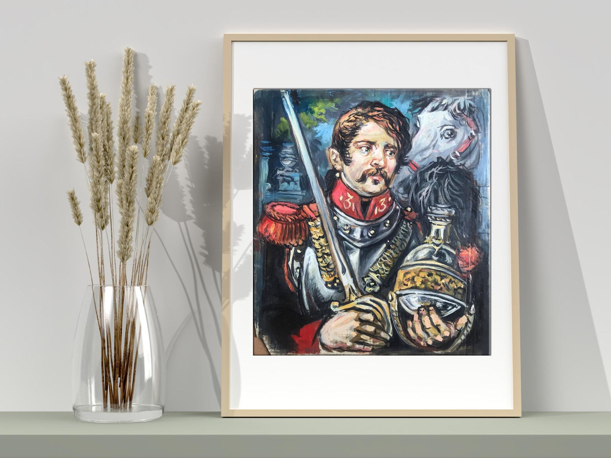 Framed oil painting of soldier with white horse by Alexander Litvinov