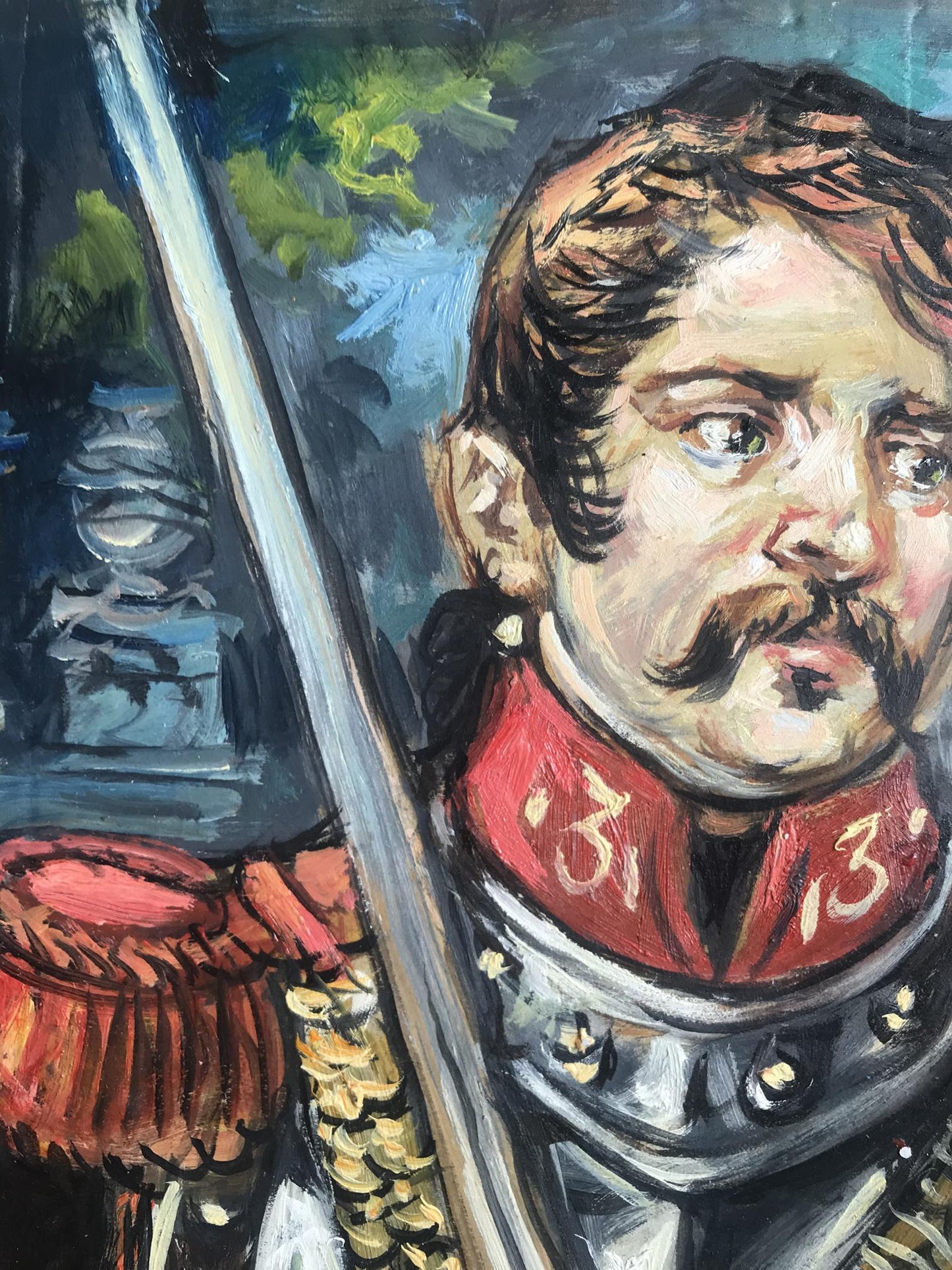 Oil painting of soldier on white horse by Alexander Litvinov