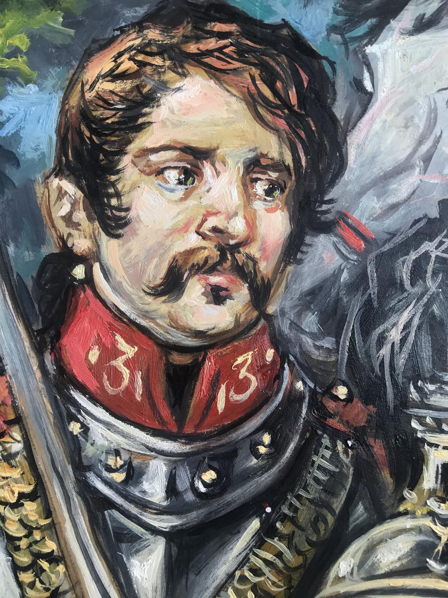 Oil painting of soldier on white horse by Alexander Litvinov