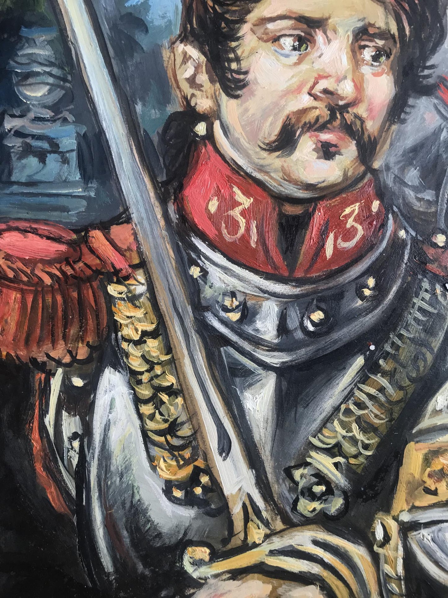 Oil painting of soldier on white horse by Alexander Litvinov