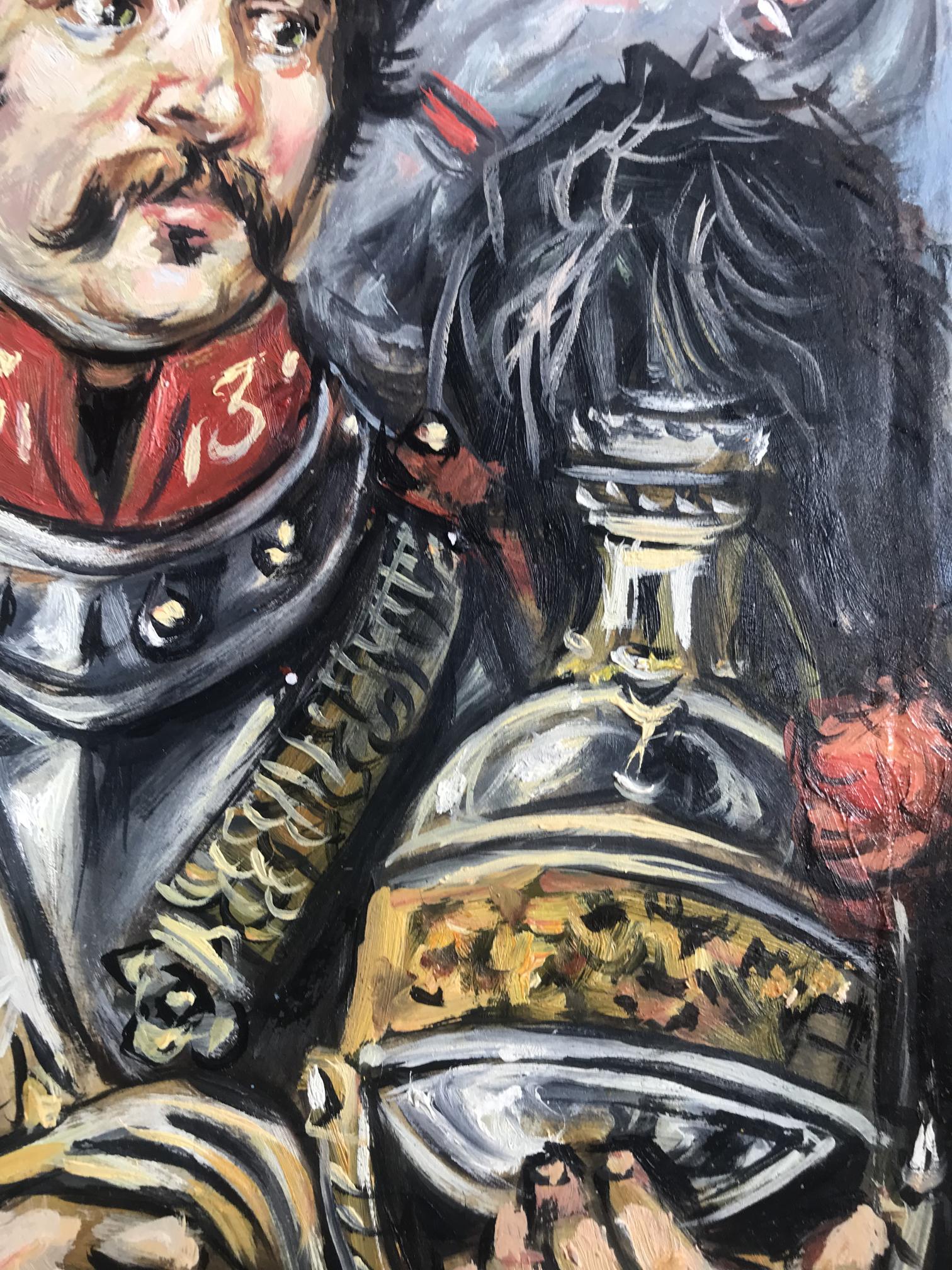 Oil painting of soldier on white horse in ornate armor by Alexander Litvinov