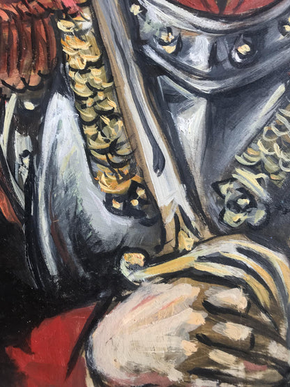 Oil painting by Alexander Litvinov: bold armored soldier on white horse