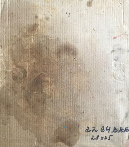 Back of Alexander Litvinov oil painting on worn beige cardboard with stains