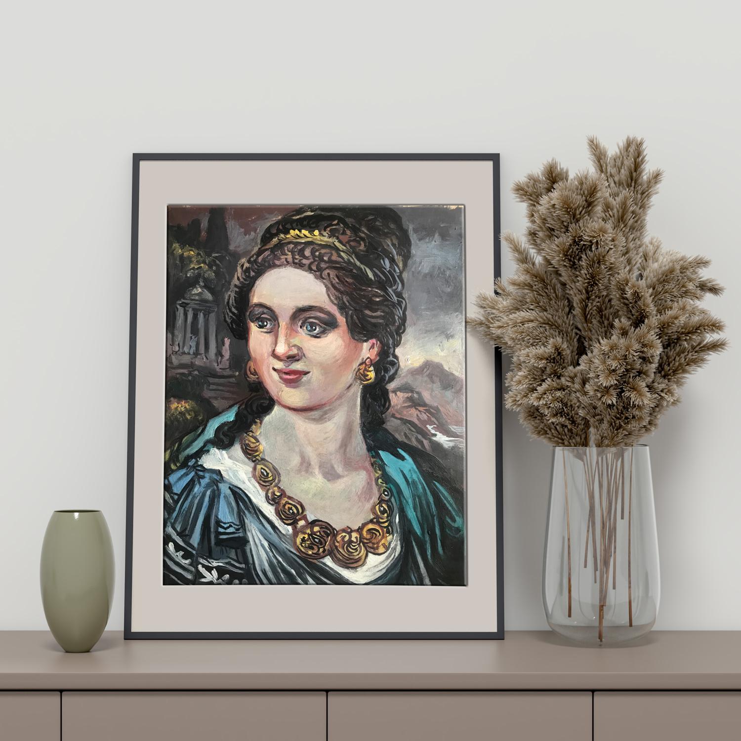 Framed oil portrait of woman with gold necklace by Alexander Litvinov