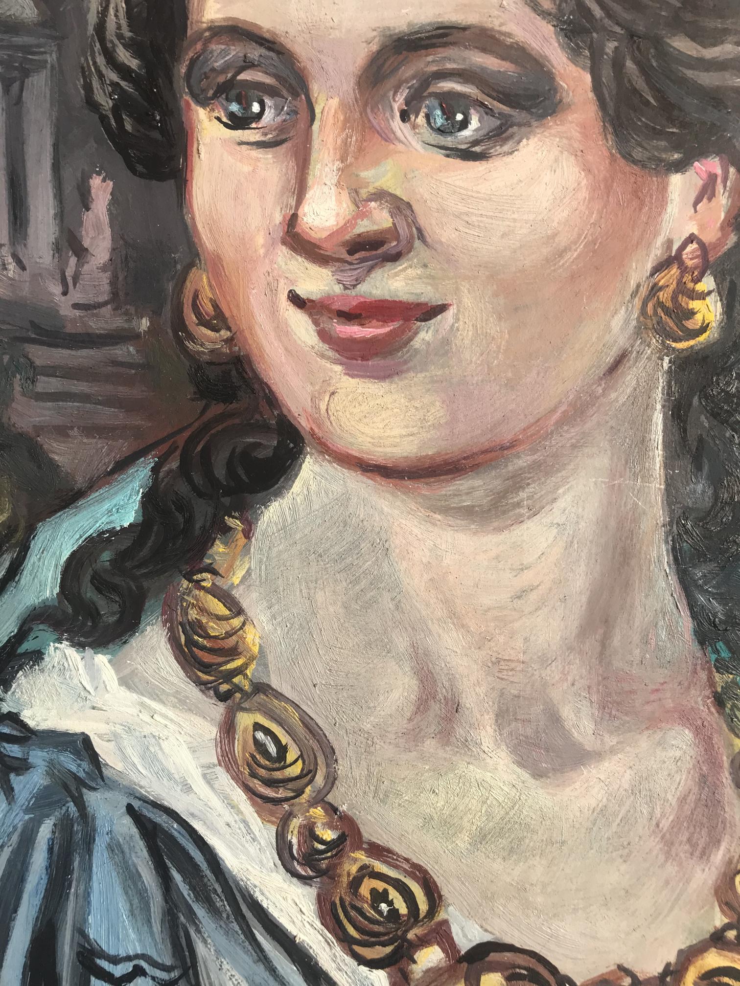 Oil painting of woman with ornate gold necklace by Alexander Litvinov