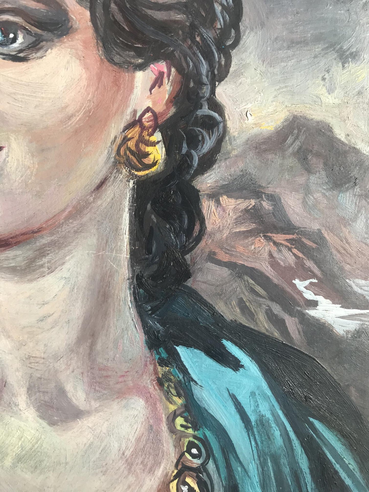 Oil painting of woman with gold necklace and ornate earring by Alexander Litvinov