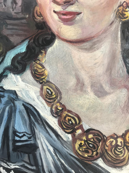 Oil painting of woman with golden ornate necklace by Alexander Litvinov