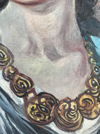 Oil painting of woman wearing gold floral necklace by Alexander Litvinov