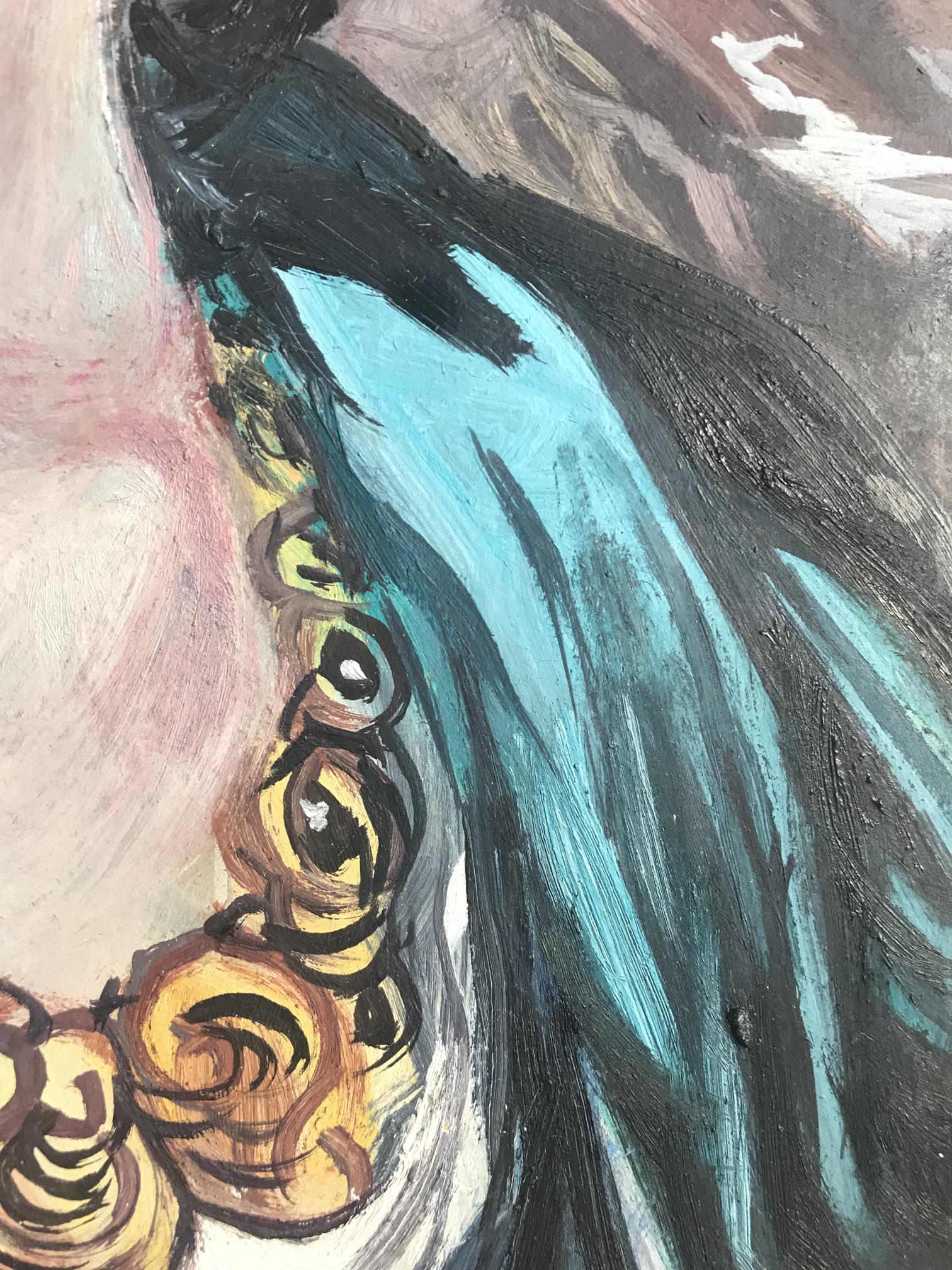 Oil painting of woman with vibrant turquoise gold necklace by Alexander Litvinov