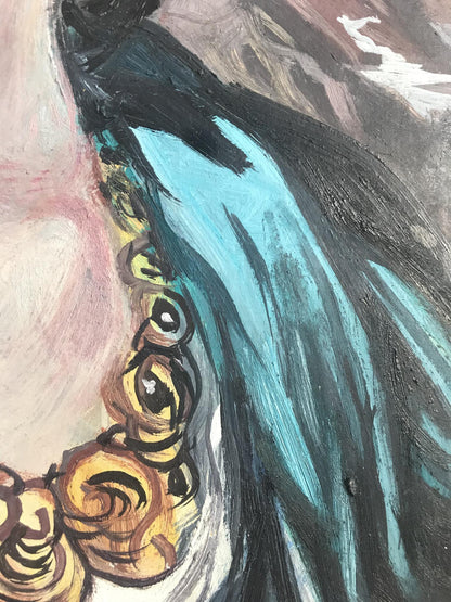 Oil painting of woman with vibrant turquoise gold necklace by Alexander Litvinov