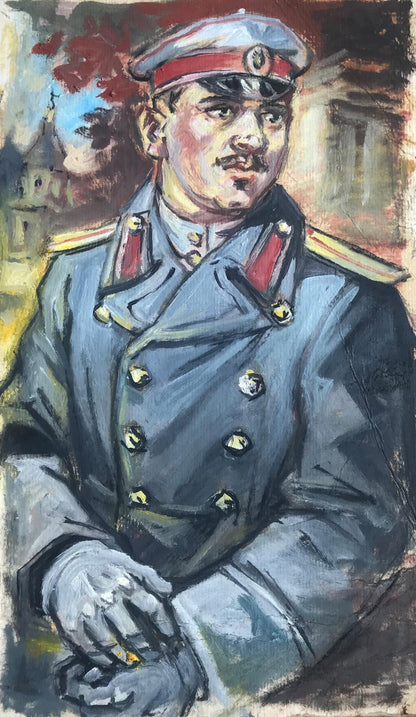 Oil painting portrait of soldier Alexander Litvinov in blue uniform