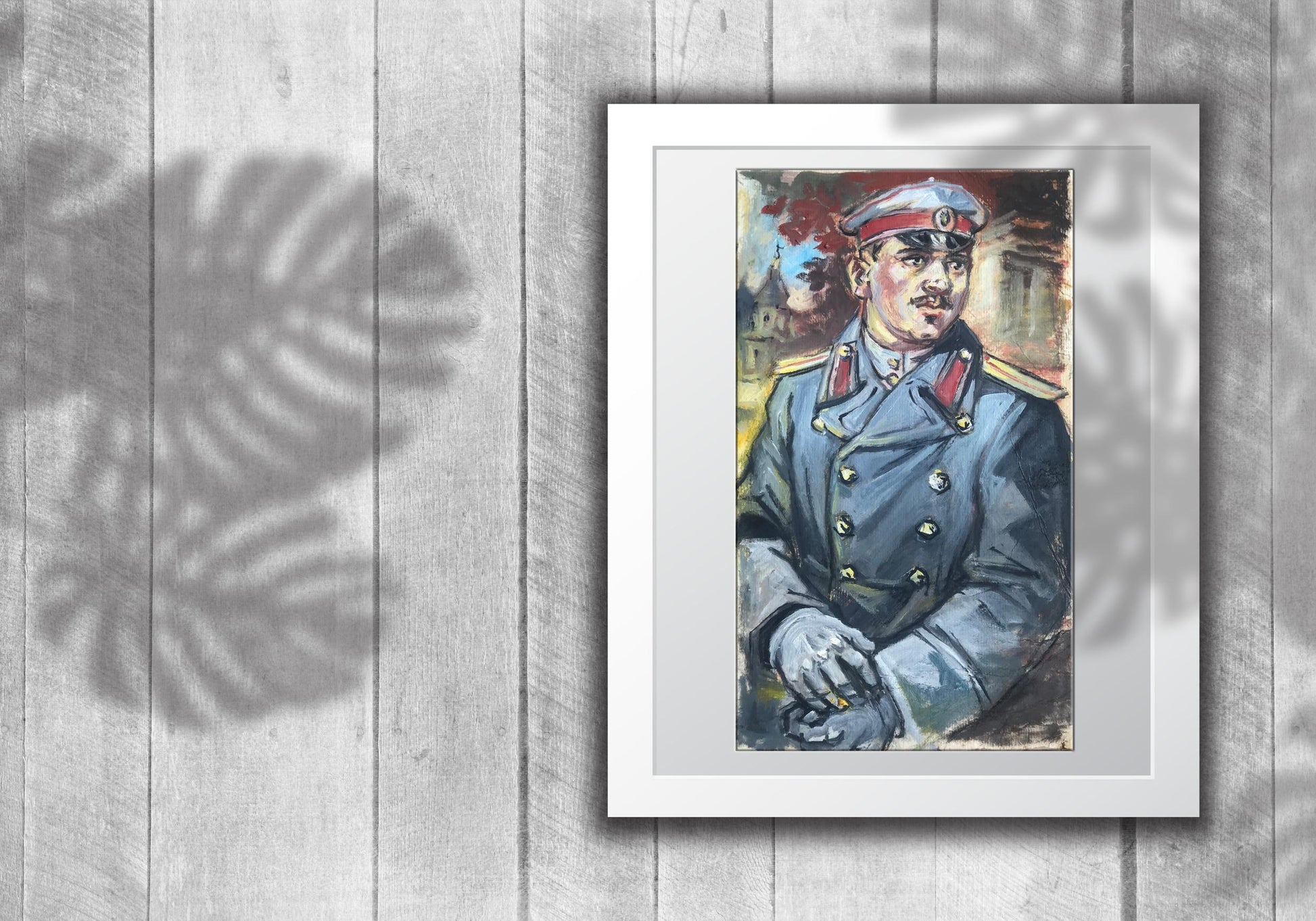 Framed oil painting portrait of soldier Alexander Litvinov in blue uniform