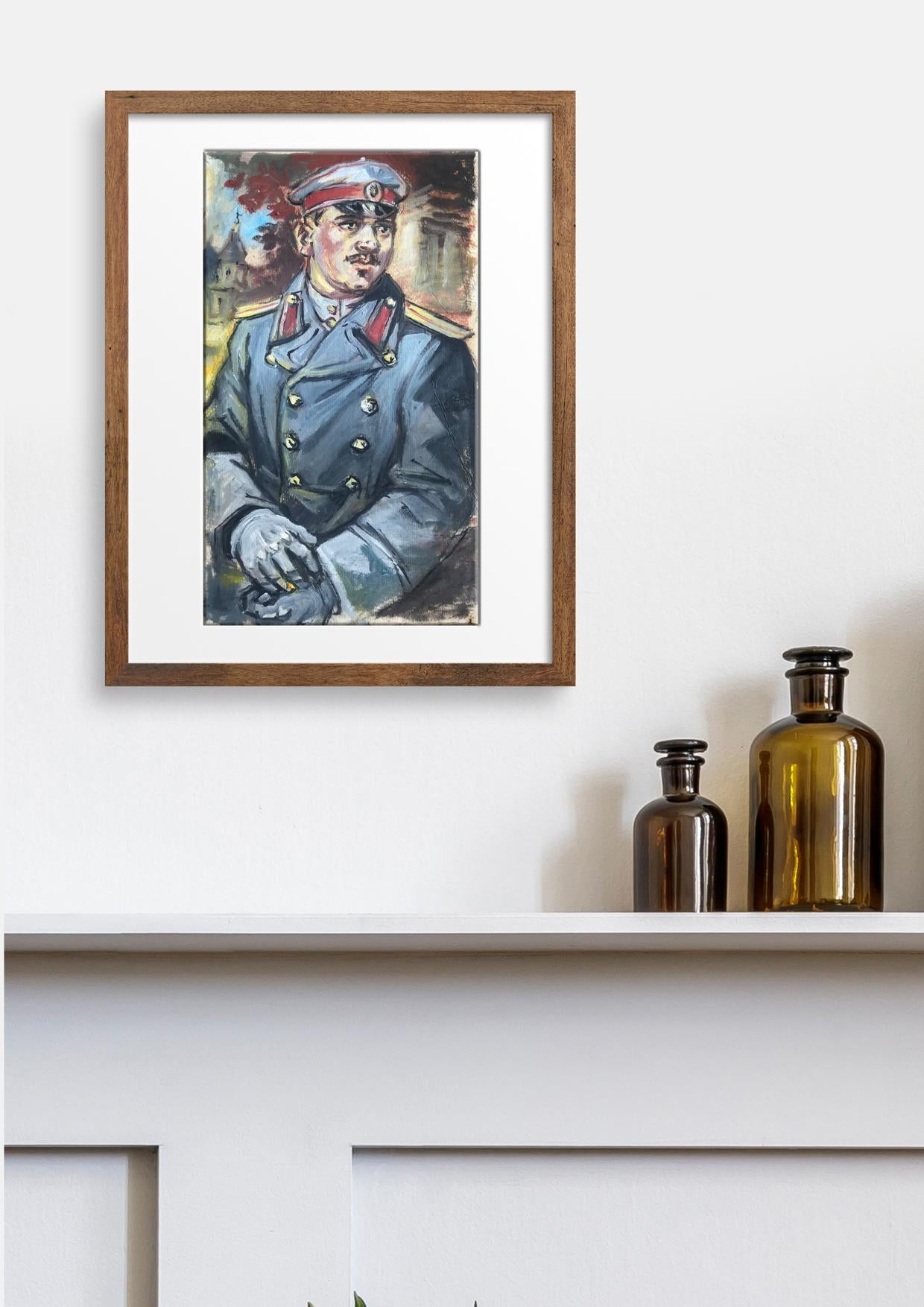 Oil painting portrait of soldier Alexander Litvinov in blue uniform with red epaulets