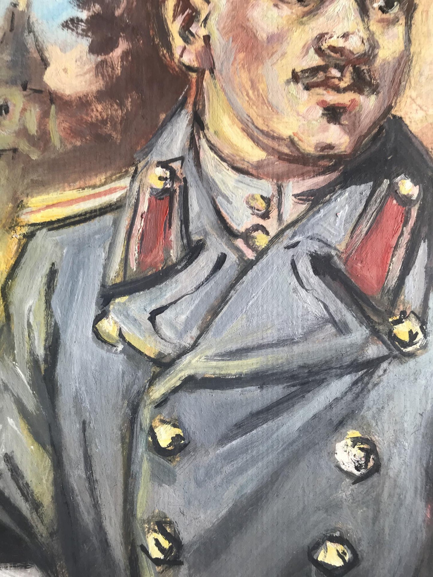 Oil painting portrait of soldier in gray coat with red epaulets by Alexander Litvinov