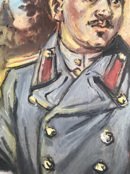 Oil painting portrait of soldier in gray coat with red epaulets by Alexander Litvinov