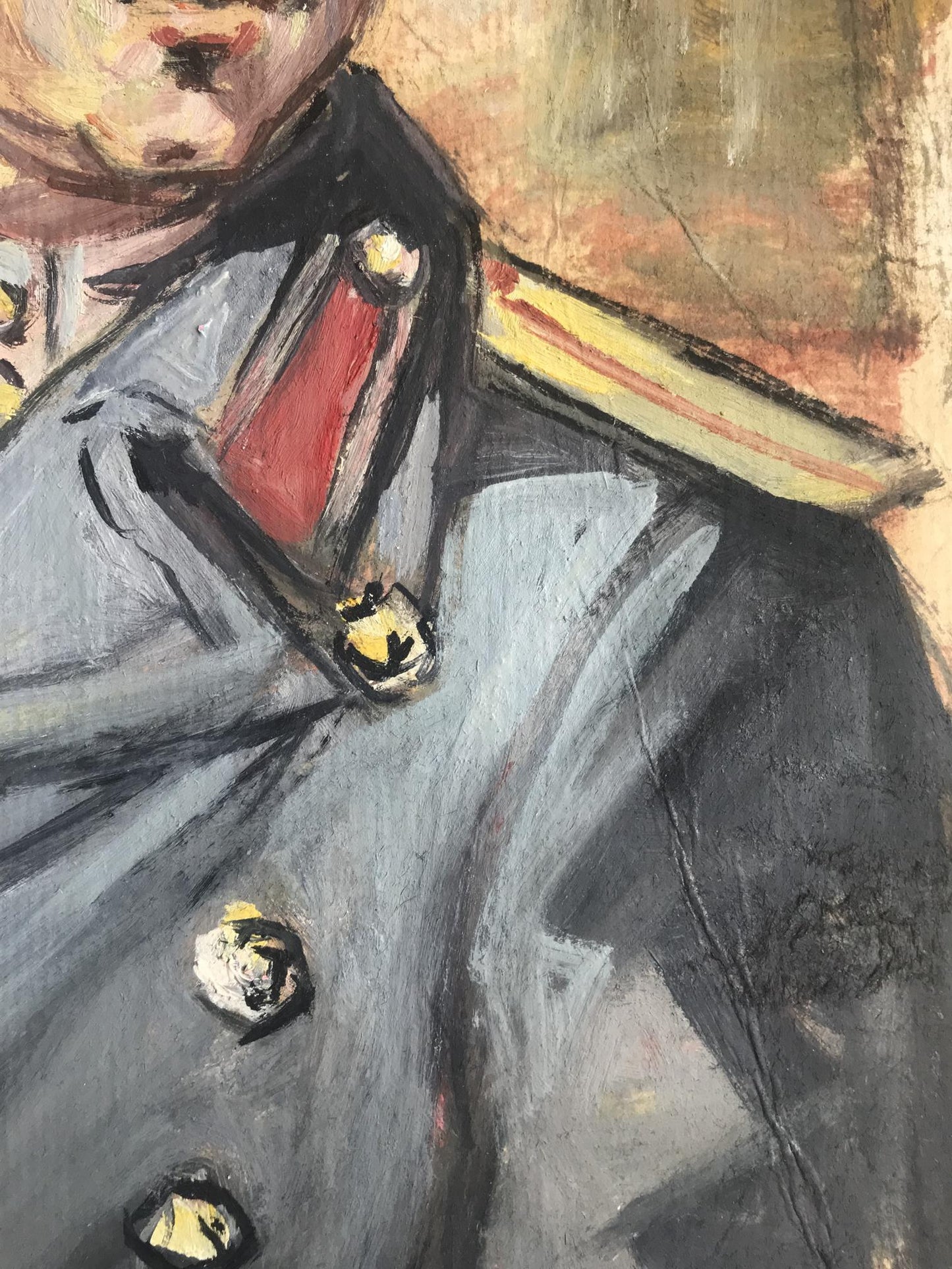 Oil painting portrait of soldier Alexander Litvinov in gray coat with gold buttons, red epaulet