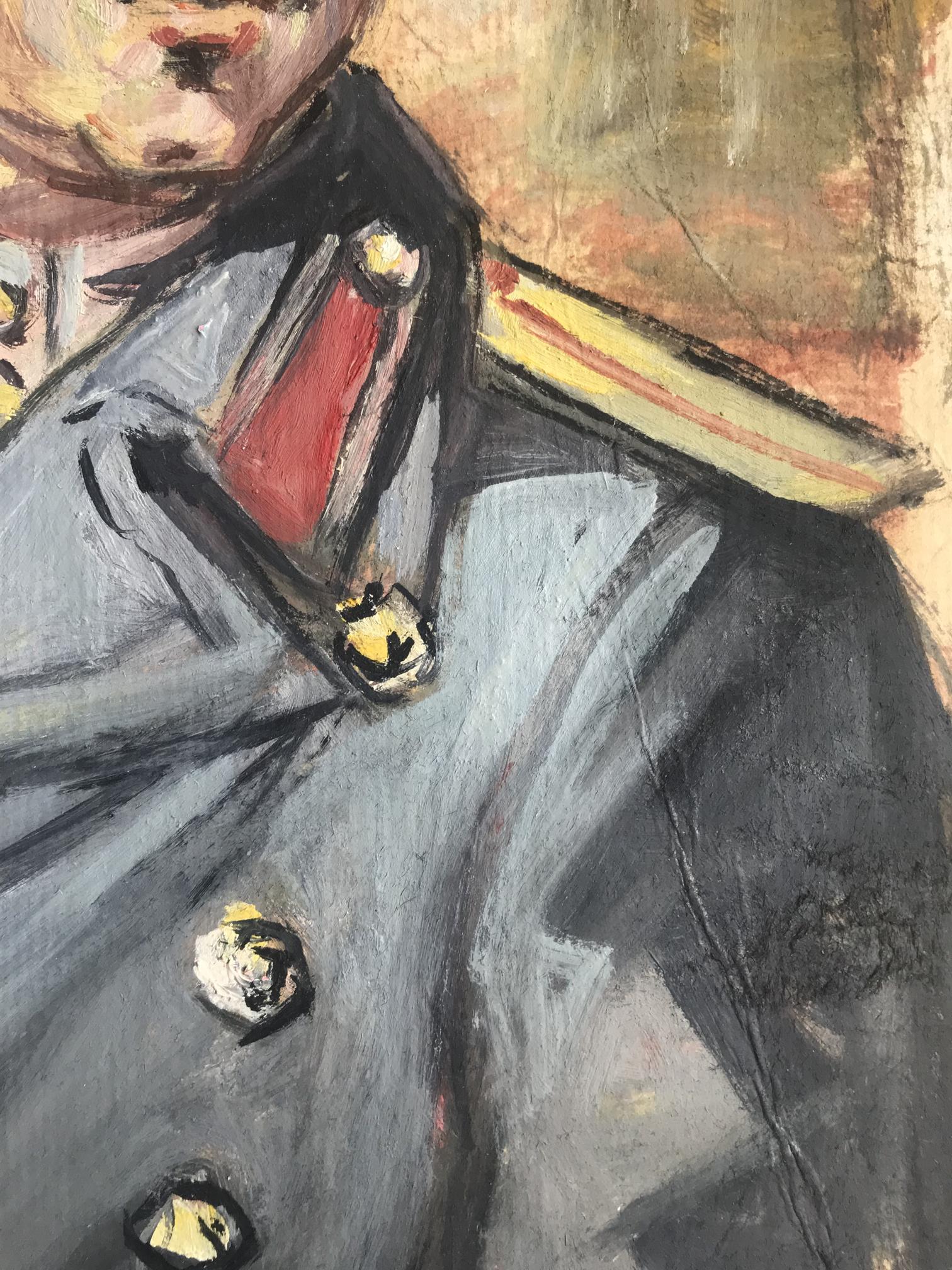 Oil painting portrait of soldier Alexander Litvinov in gray coat with gold buttons, red epaulet