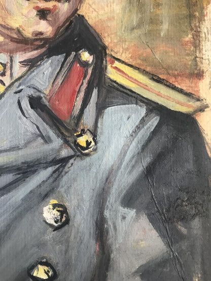 Oil painting portrait of soldier Alexander Litvinov in gray coat with gold buttons, red epaulet