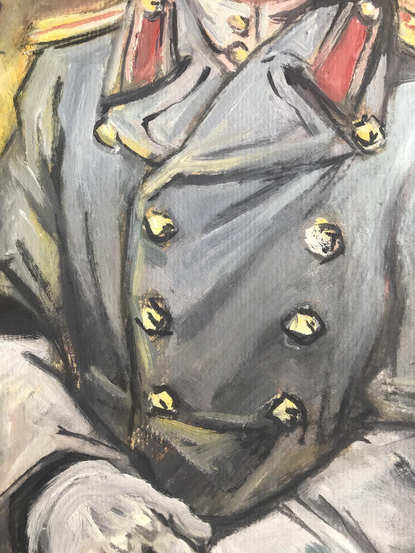 Oil painting portrait of soldier in gray coat with gold buttons and red epaulets by Alexander Litvinov