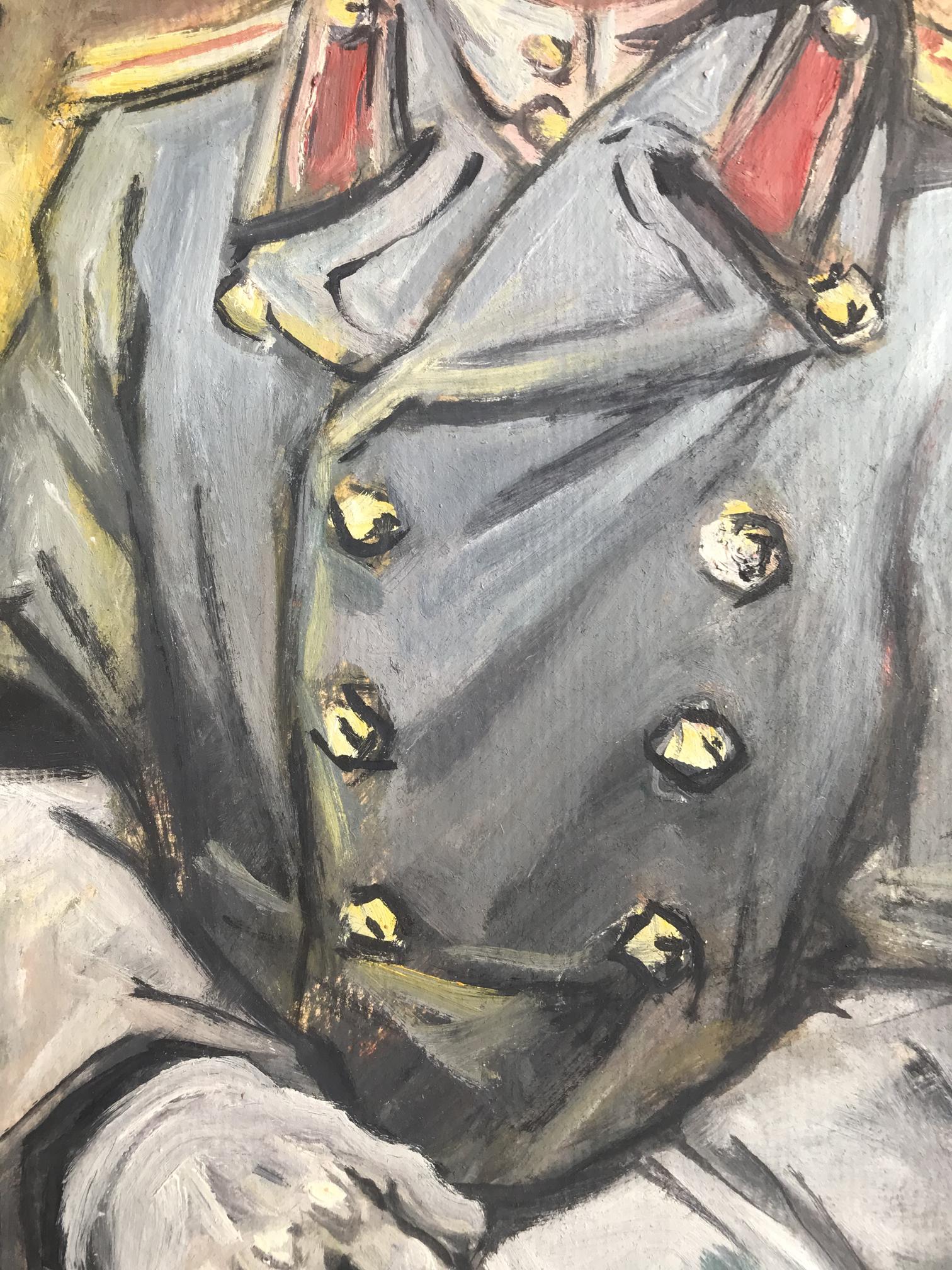 Oil painting portrait of soldier in gray coat with gold buttons and red epaulets by Alexander Litvinov