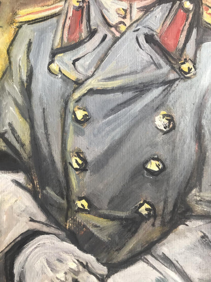 Oil painting portrait of soldier in gray coat with gold buttons and red epaulets by Alexander Litvinov