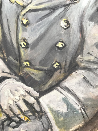 Oil painting portrait of soldier Alexander Litvinov in gray military coat with gold buttons