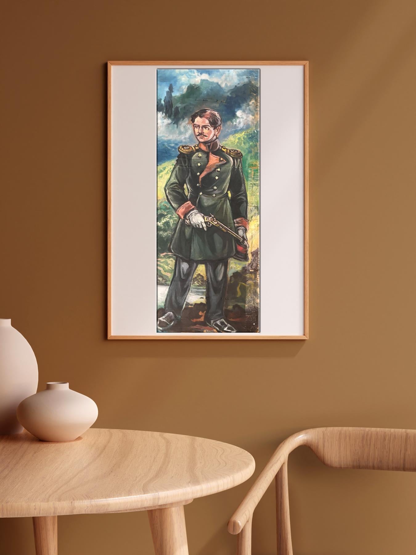 Oil painting of full-length portrait of soldier Alexander Arkadievich Litvinov in dark green uniform with gold epaulets, red accents, holding rifle