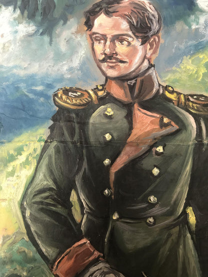 Oil painting of full-length portrait of soldier Alexander Arkadievich Litvinov in olive-green uniform with gold epaulets