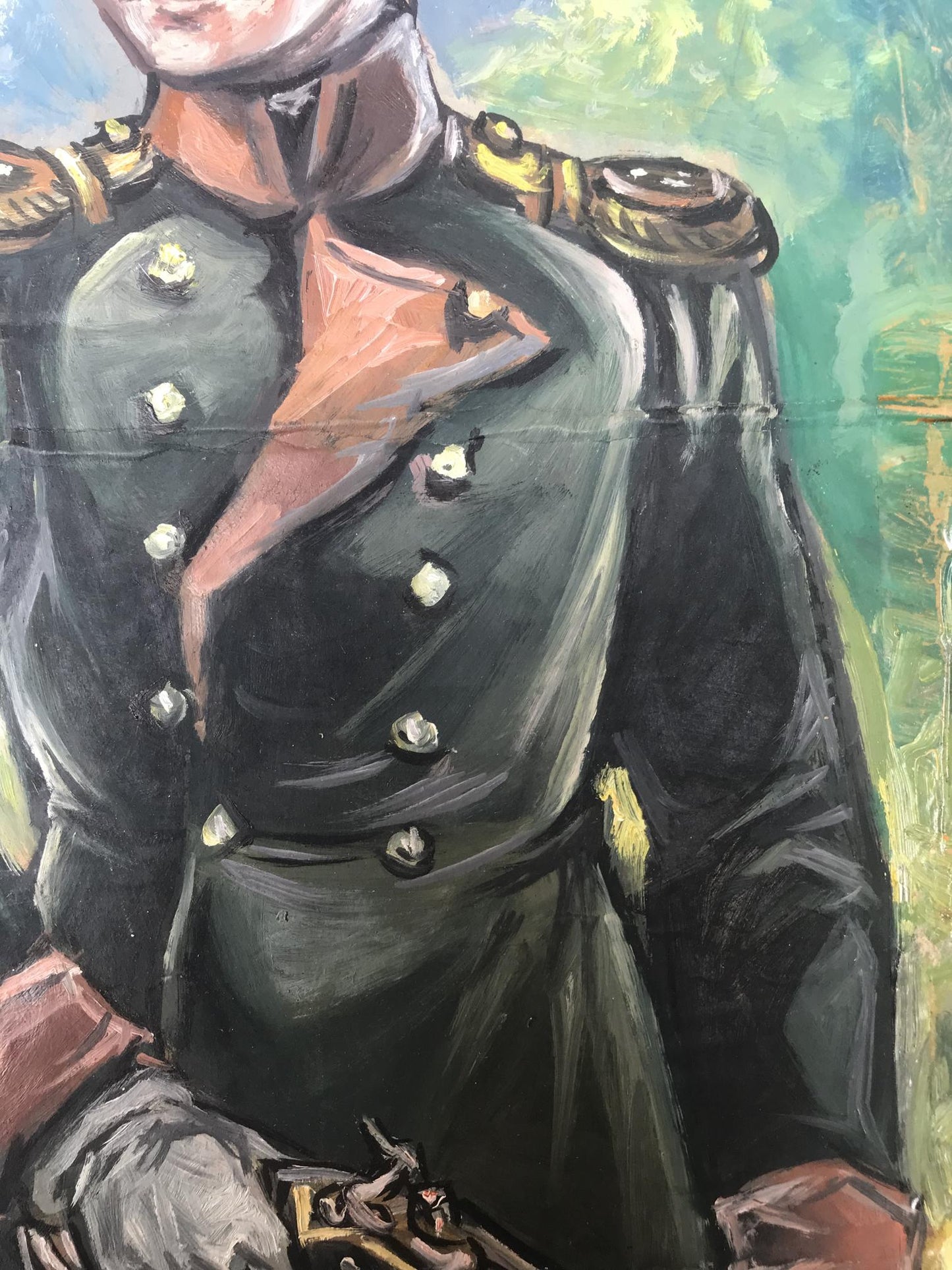 Oil painting of soldier Alexander Arkadievich Litvinov in dark green military coat